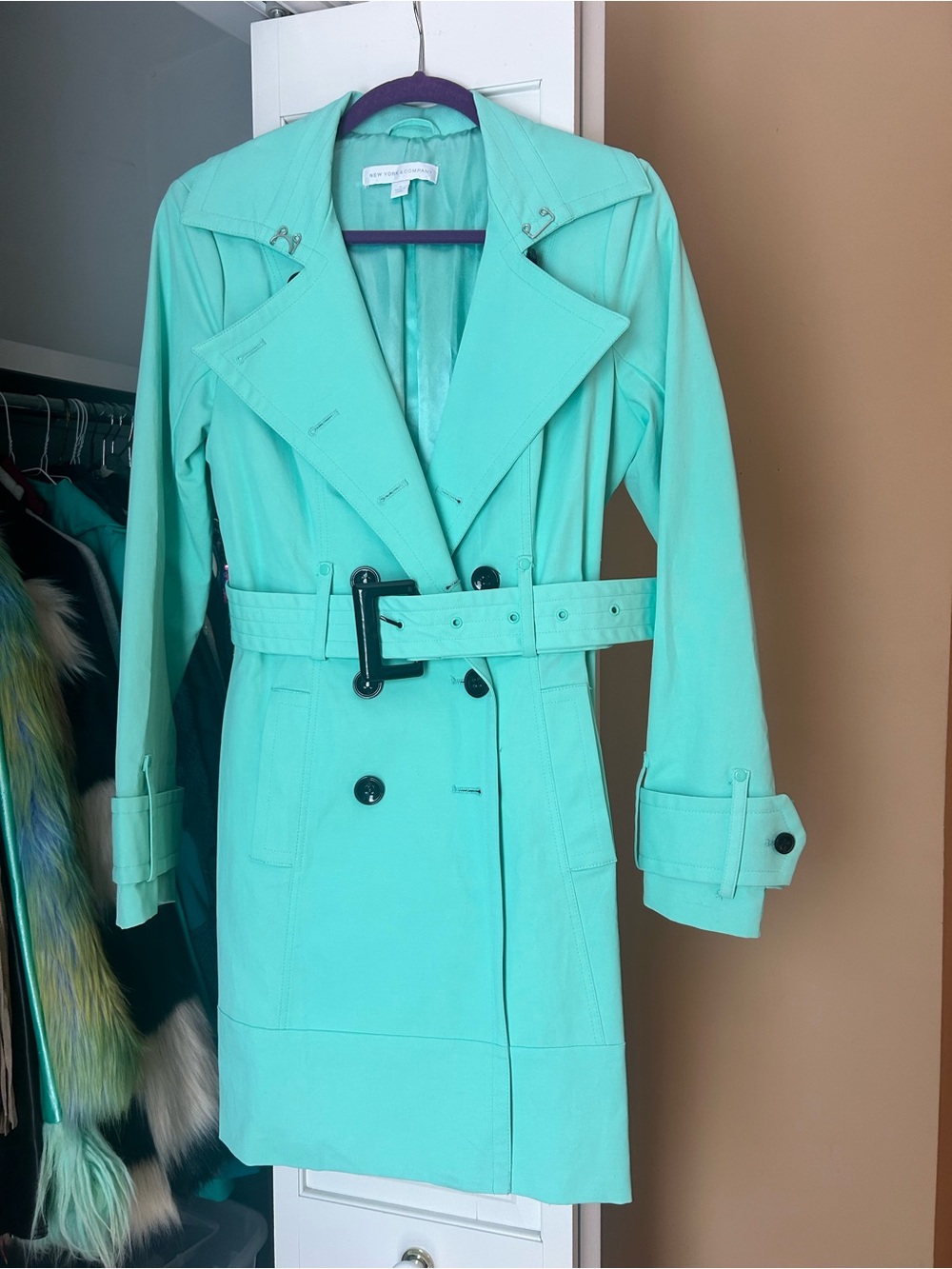 New York & Company Classic Belted Trench Coat | Mint Seafoam Green | Medium